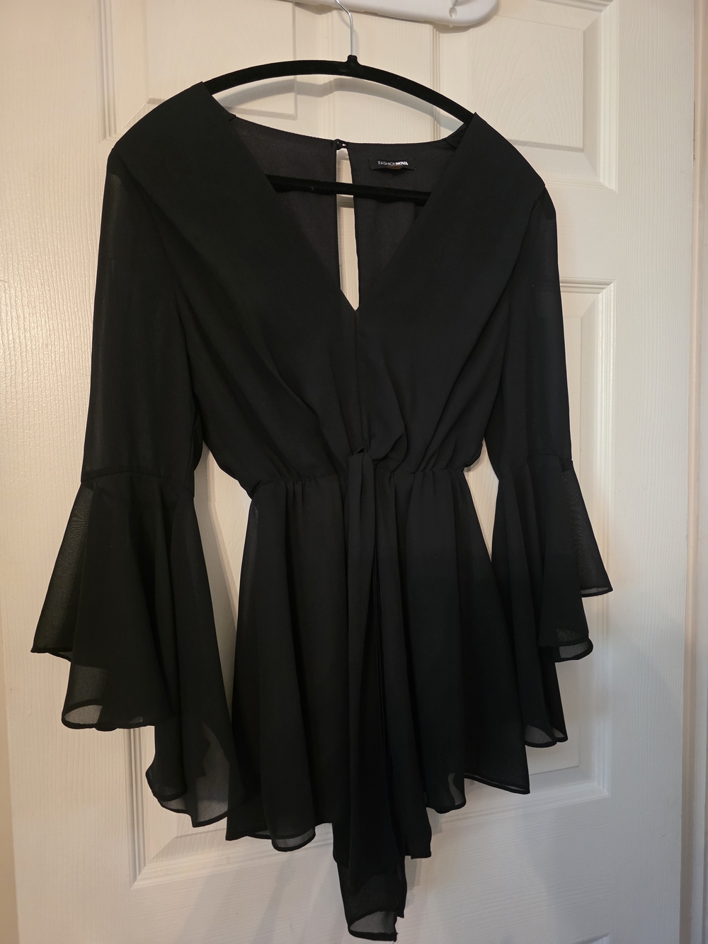Black Flowy V-Neck Bell Sleeve Romper